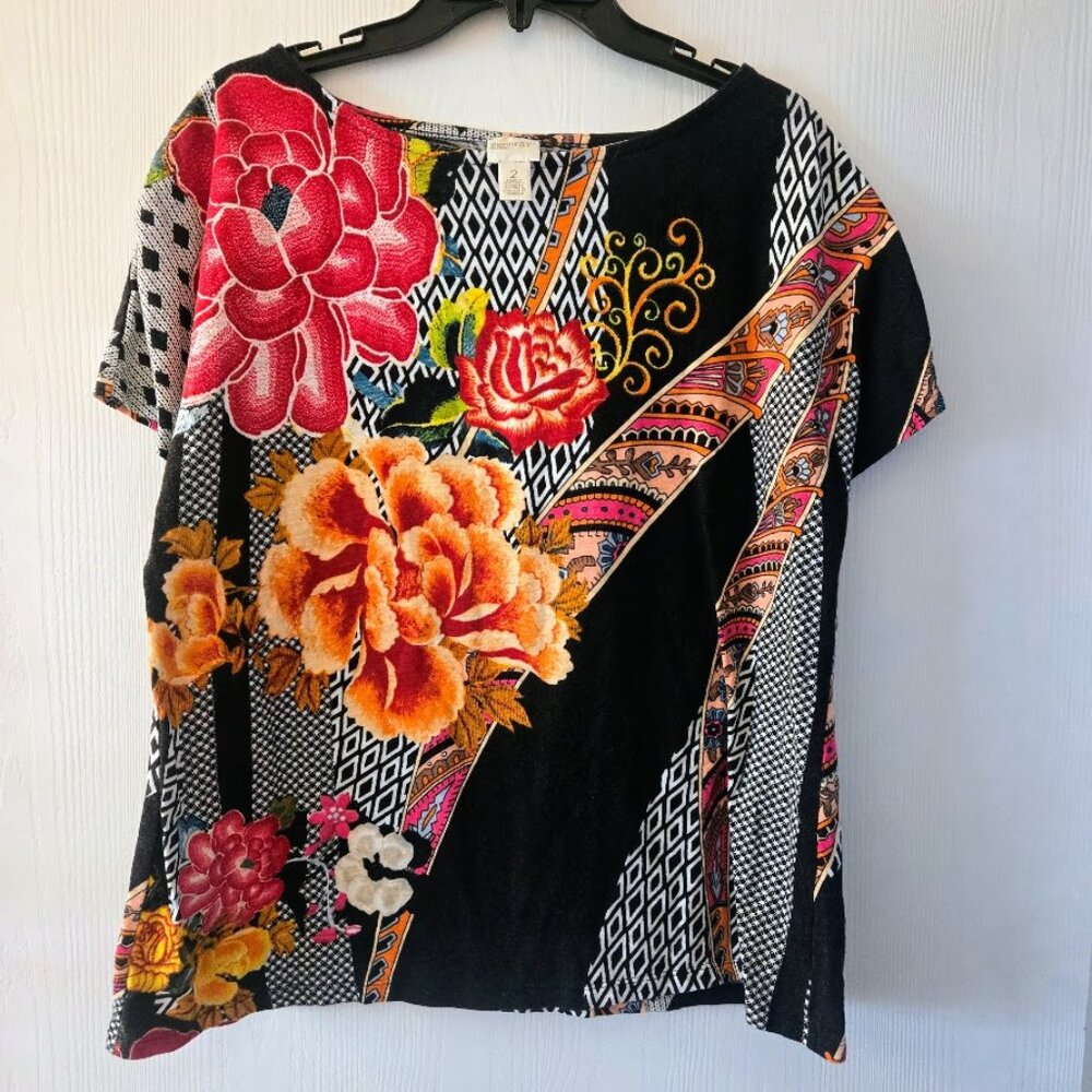 Chico's Asian-themed black and floral‎ S/S top Size 2/L